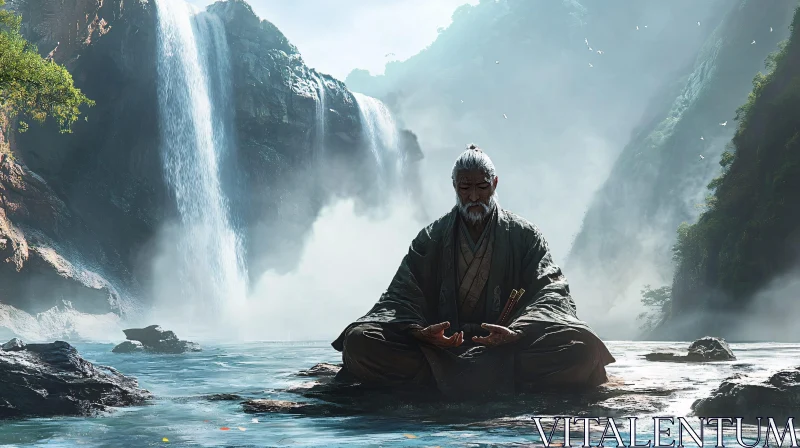 Peaceful Meditation at Waterfall AI Image