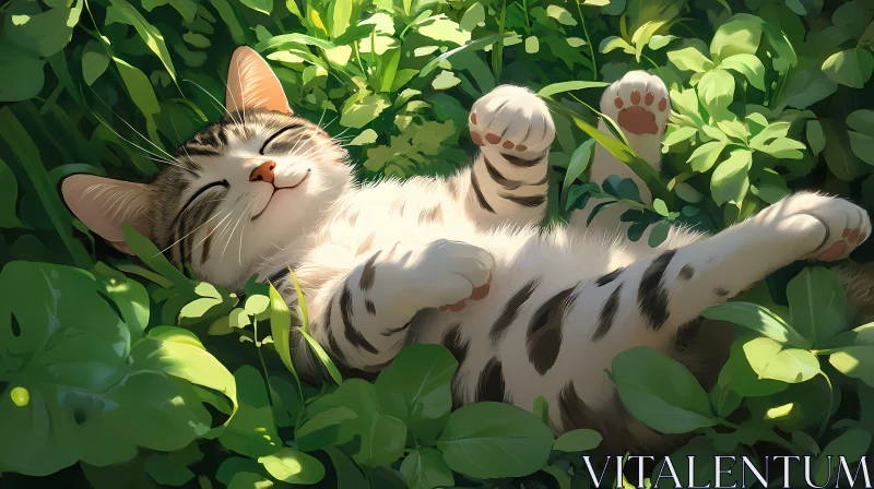 Kitten Lounging Among Lush Leaves AI Image