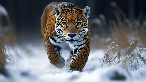 Jaguar Walking Through Snowy Woods