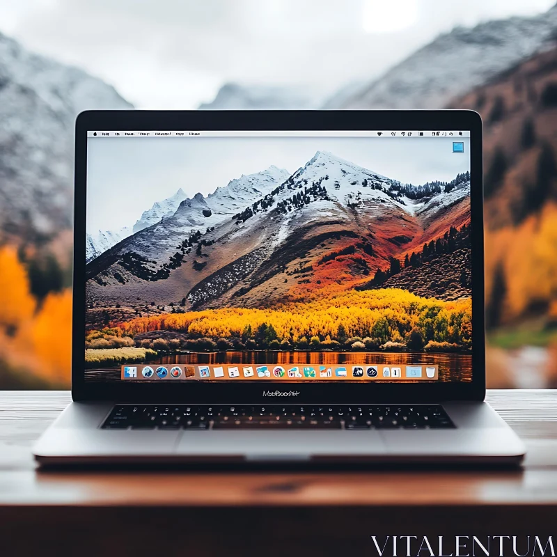 Laptop Displaying Autumn Mountain Scene AI Image