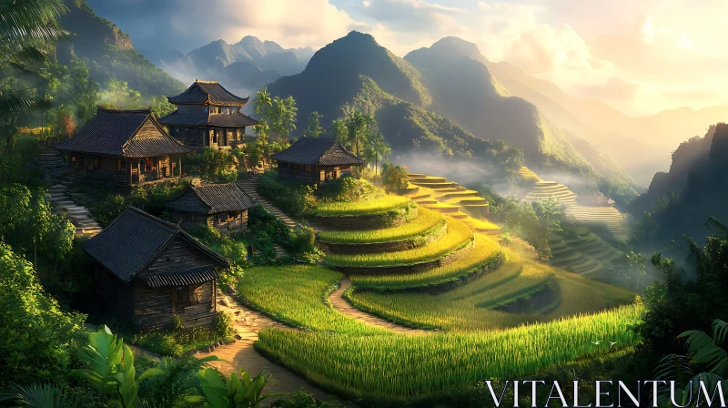 Scenic Mountain Village with Rice Terraces AI Image