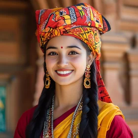 Beautiful Woman with Headwrap and Jewelry Smiling