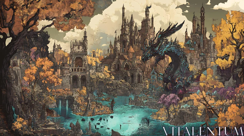 Fantasy Cityscape with Dragon Art AI Image