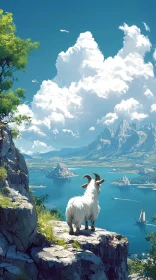 Goat on Cliff with Sea and Mountains