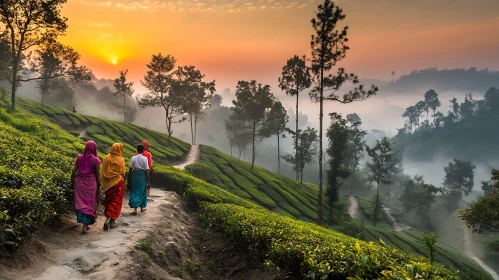 Women in Tea Field at Sunrise