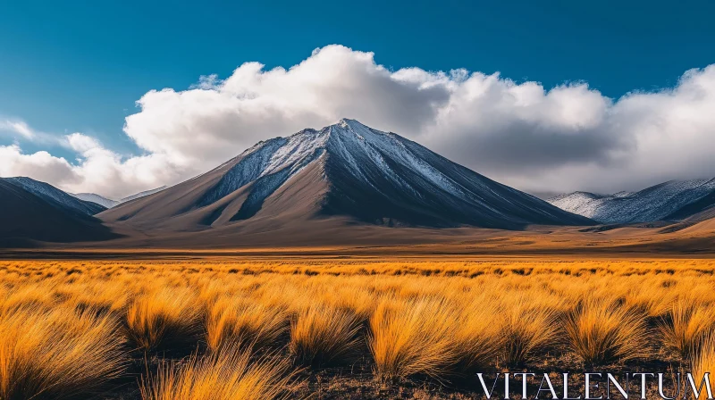 Golden Field and Snowy Mountain Under Blue Sky AI Image