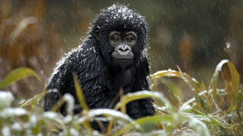 Gorilla Sitting in Rainy Forest