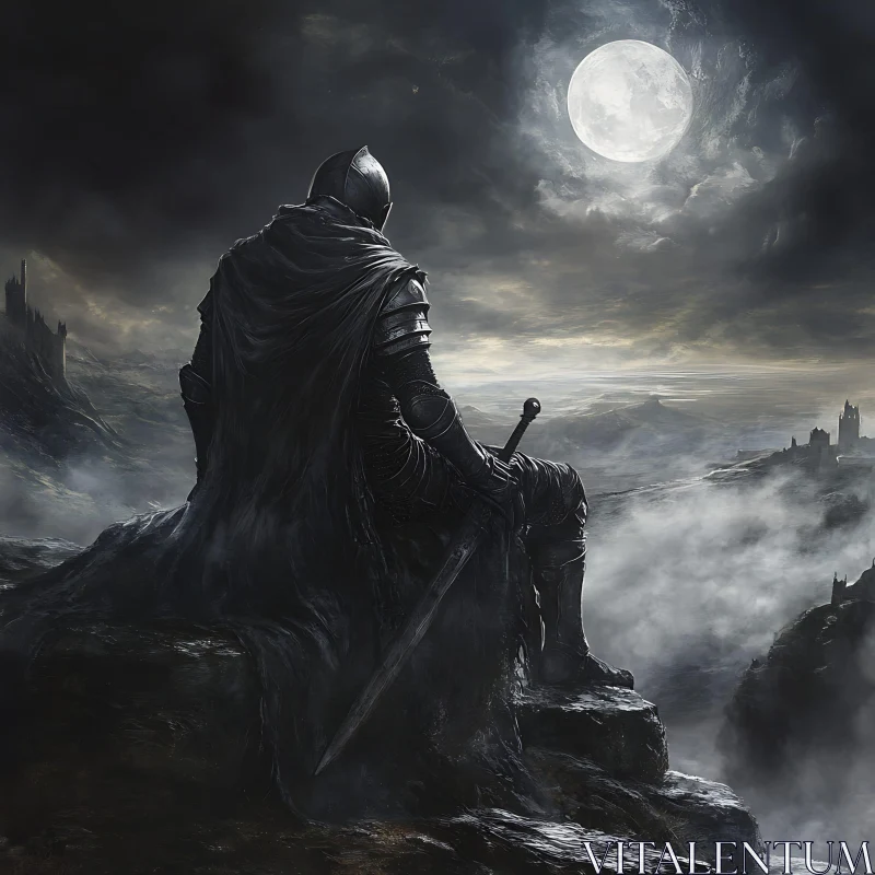 Lone Knight Contemplates Under the Moon AI Image