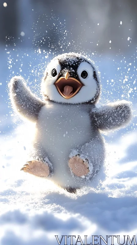 Playful Penguin Chick in Wintry Scene AI Image