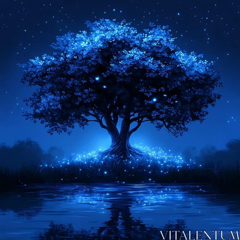 AI ART Mystical Glowing Tree by the Lake