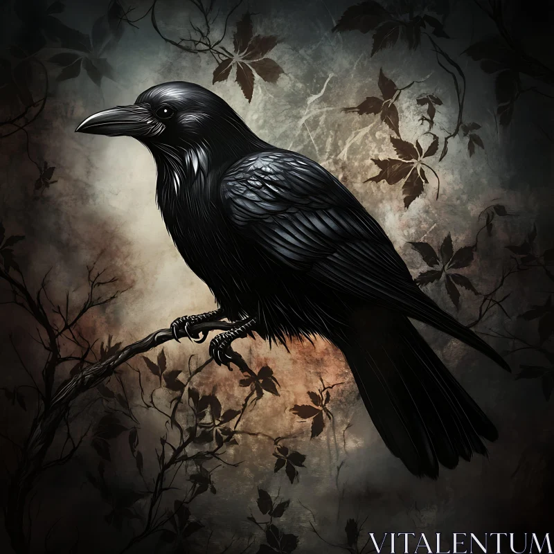 AI ART Black Raven Perched in Dark Ambiance