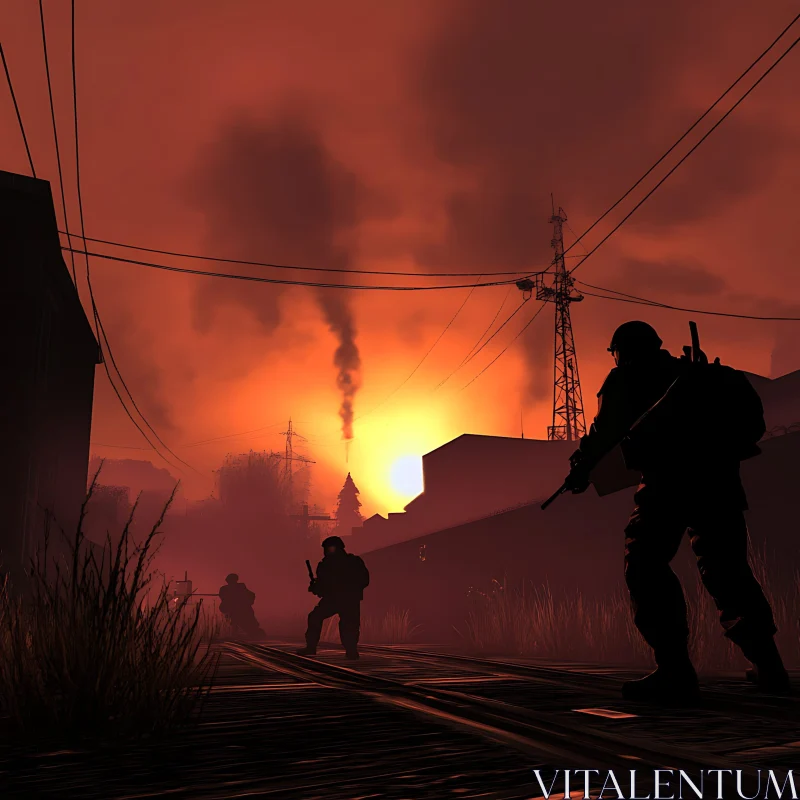 AI ART Sunset Shadows: Soldiers in a Desolate World