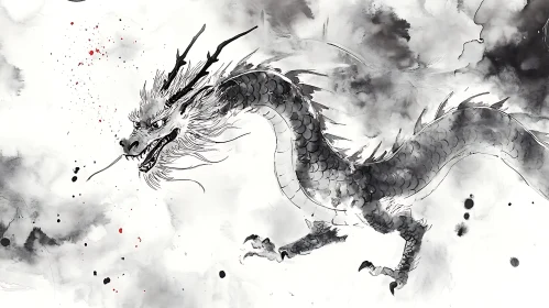 Monochrome Dragon in Ink Wash Style