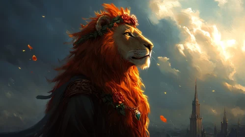 Regal Lion in Enchanted Landscape