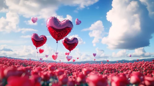 Romantic Balloons Over Flower Meadow