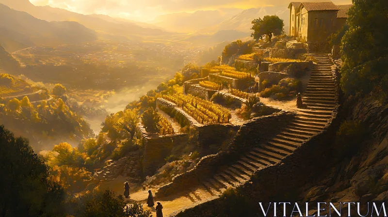 Sunlit Terraces and Mountain View AI Image