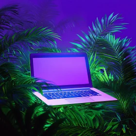 Tech Meets Nature: Laptop Surrounded by Green Leaves