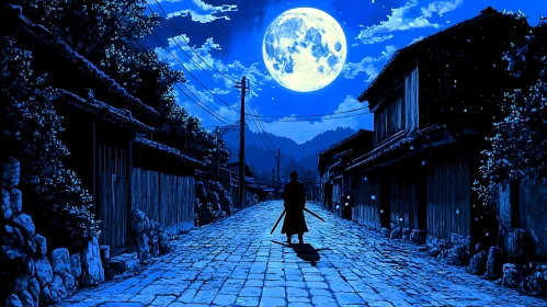 Moonlit Samurai on Cobblestone Street