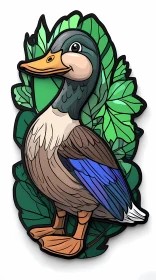 Playful Cartoon Duck Among Leaves