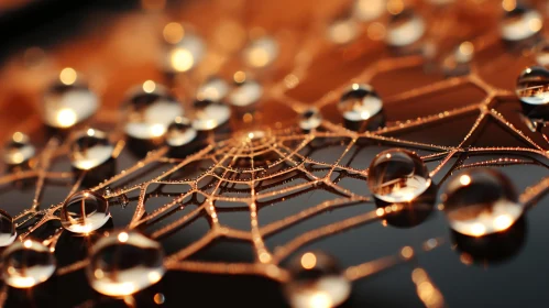 Abstract Spider Web Art with Water Droplets in Futuristic Halloween Cityscape