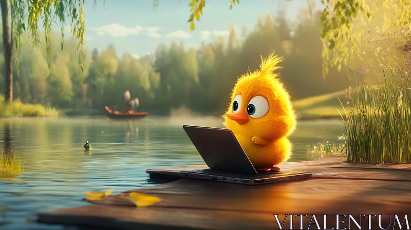 Cartoon Bird Working by the Lake AI Image