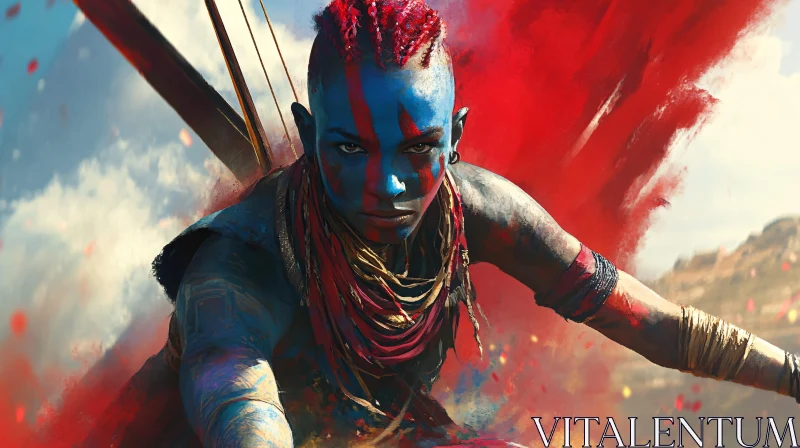 AI ART Fierce Woman Warrior with Red and Blue Paint