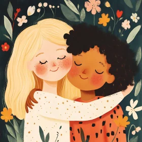 Girls Hugging Amongst Flowers Illustration