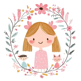 Cute Girl in Floral Wreath Artwork