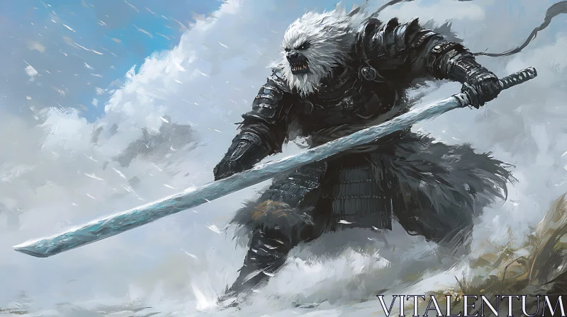 AI ART White Fur Warrior with Sword