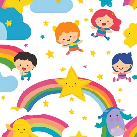 Rainbow and Smiling Children Cartoon Art