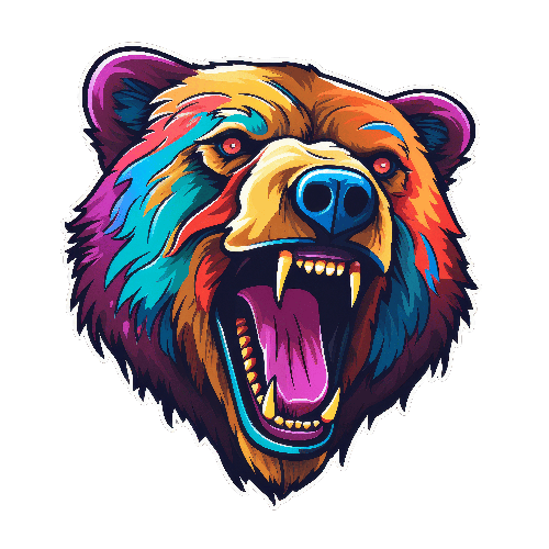 POD Design Colorful Bear Head Art with Rainbow Fur and Open Mouth