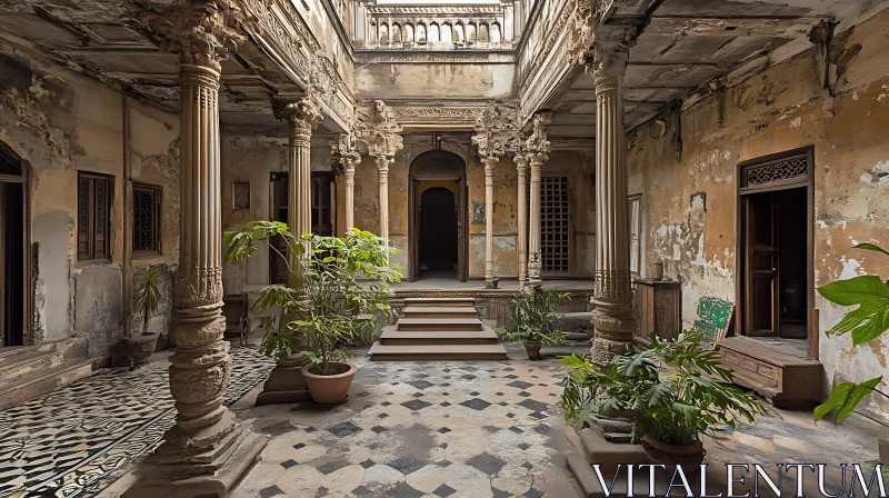 Old Courtyard Interior with Plants AI Image