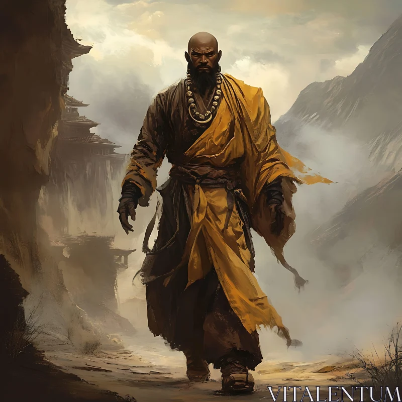 Stoic Monk in Mountainous Vista AI Image