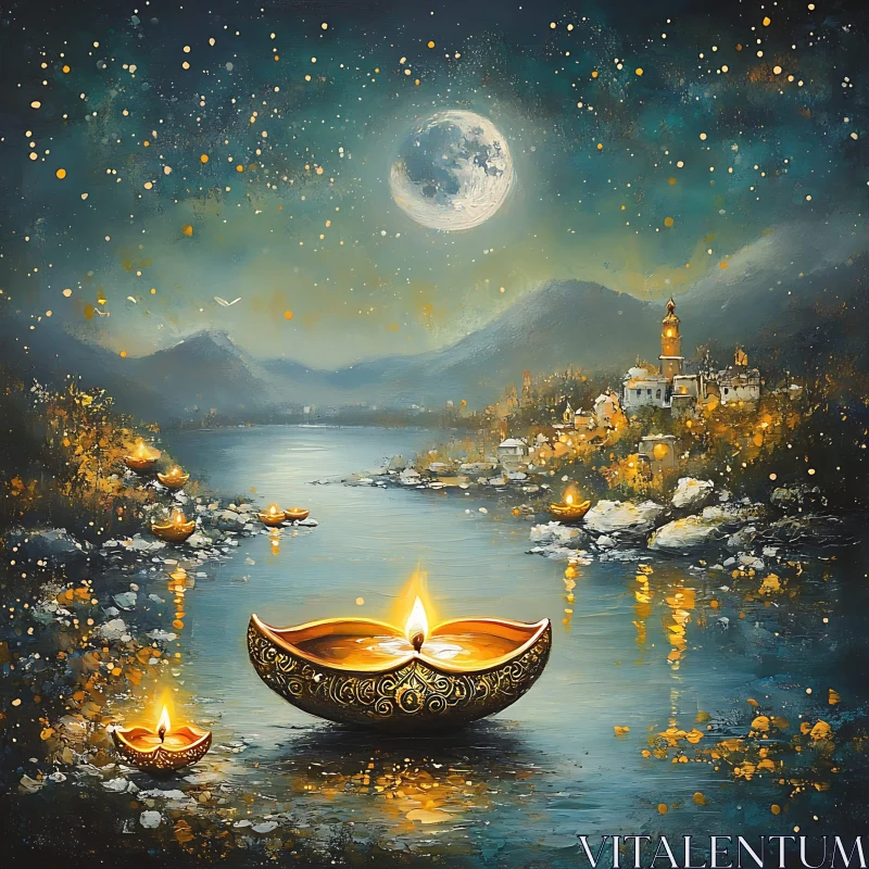 AI ART Candles Floating on Moonlit Waters