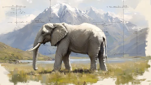 Artistic Elephant with Mountain Backdrop