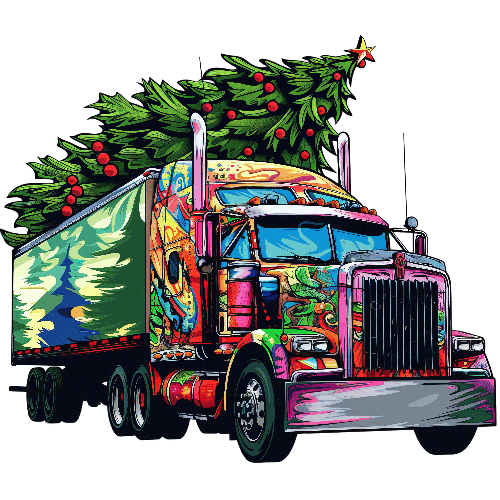 Festive Semi Truck with Decorated Christmas Tree and Gifts POD Design