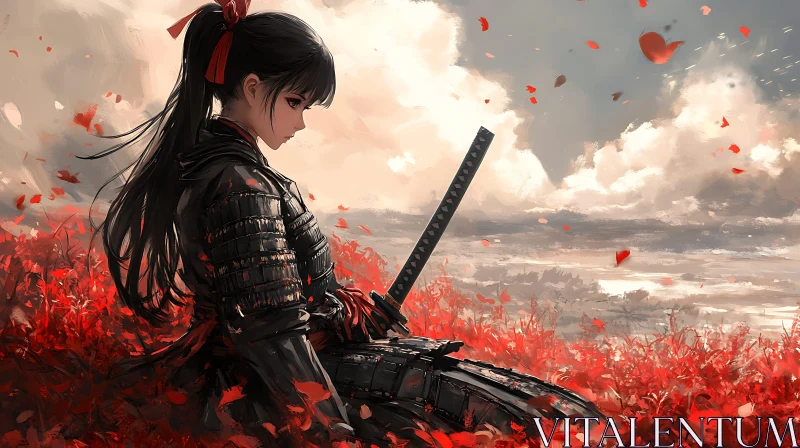 Female Warrior with Katana and Flowers AI Image