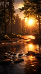 Golden Light in a Forest: Captivating River Scene
