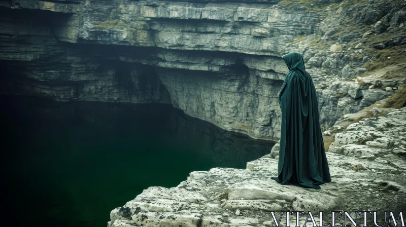 Mysterious Figure in Green Cloak | Enigmatic Cave | Artistic Photography AI Image