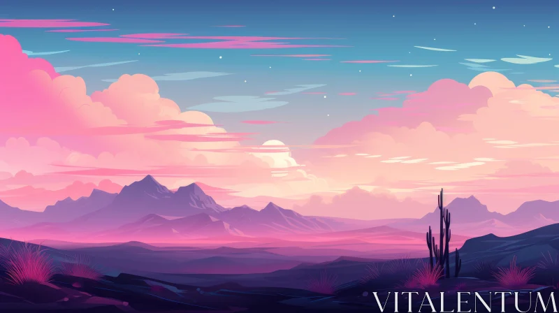 Pink Sunrise Desert Landscape with Cacti and Mountains - Anime Influenced Art AI Image
