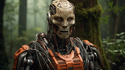 Realistic Orange Masked Robot in Forest