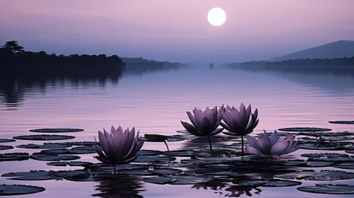 Serene Lake with Floating Water Lilies under a Purple Sky
