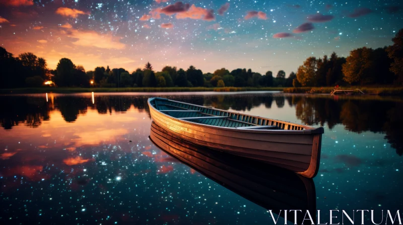 Starry Night on the Lake: A Serene Boat Voyage AI Image