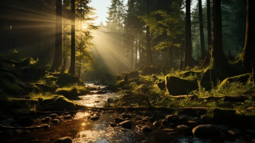 Sunlit Forest Stream - A Captivating Display of Nature's Charm