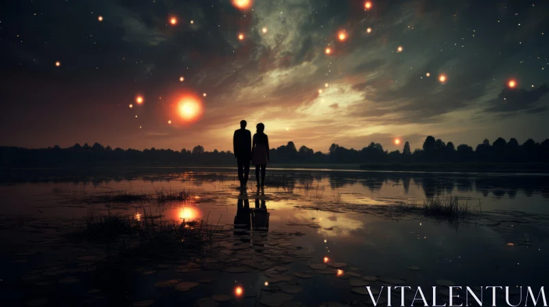 Surrealistic Night Sky with Couple by Lake AI Image