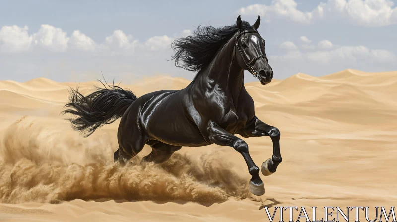 AI ART Black Horse Charging Through Desert Sands