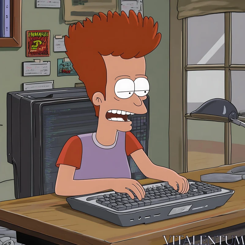 Animated Character at Desk Coding Enthusiastically AI Image