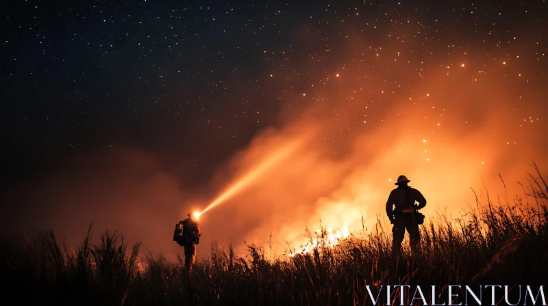 Nighttime Wildfire Combat by Firefighters AI Image