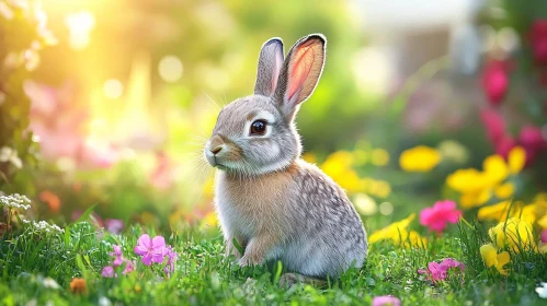 Rabbit Surrounded by Blooming Flowers