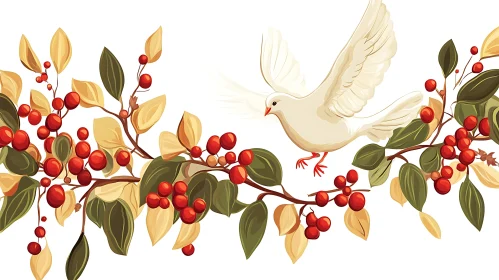 White Dove Among Berries Illustration